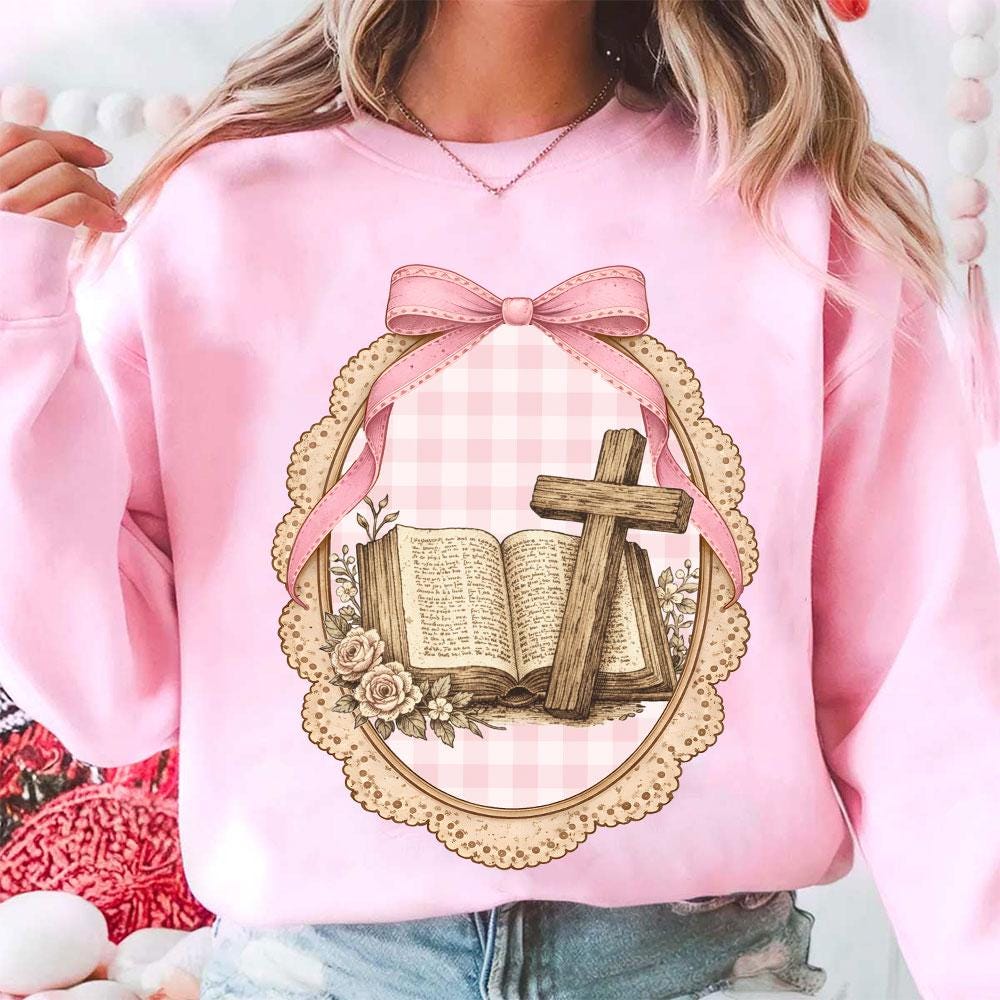 Vintage Christian Cross Cottagecore Oval Frame Bible Gildan 18000 Crewneck Sweatshirt, Grandma Core Aesthetic, Homestead Mama Gift for Women