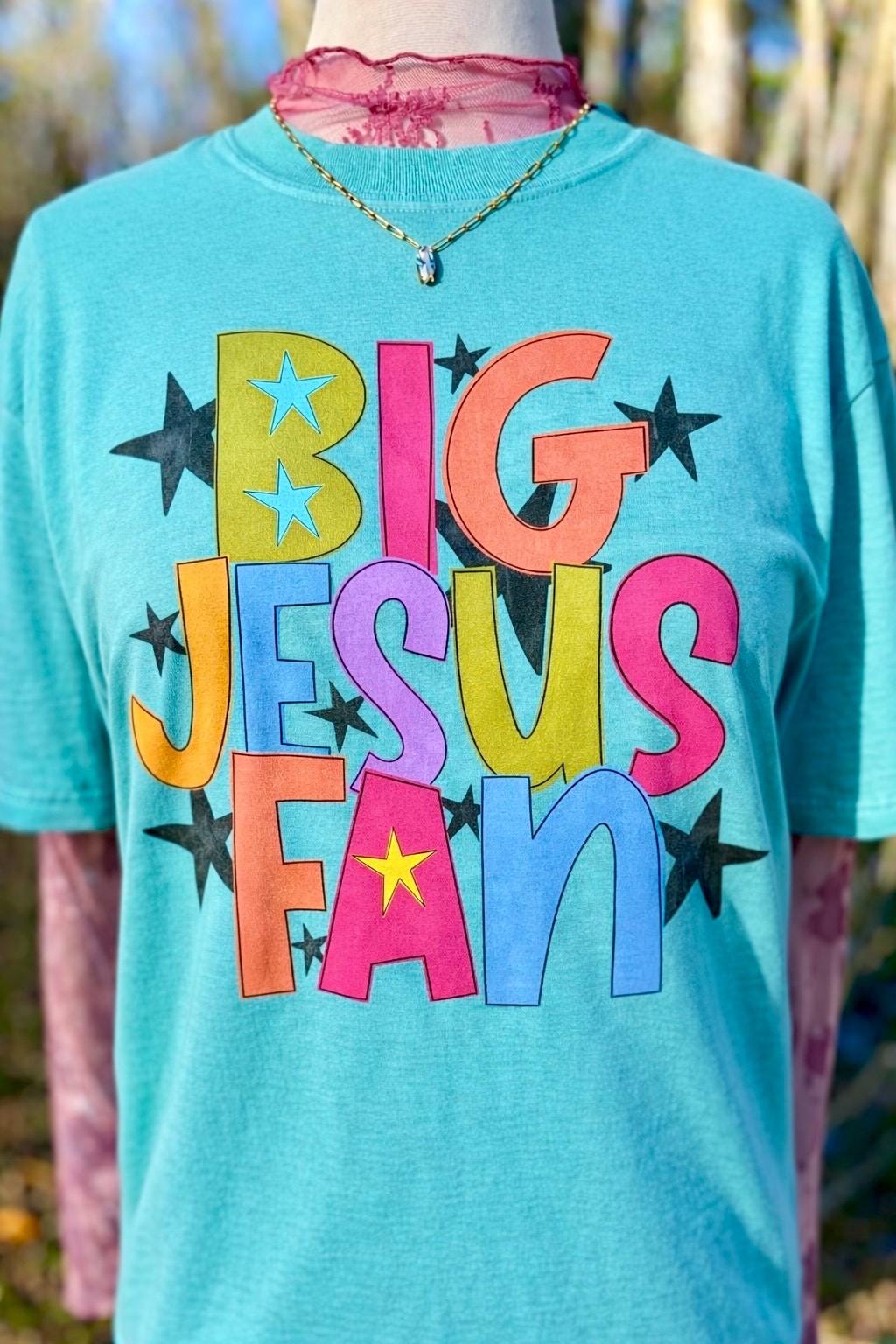 Big Jesus Fan Christian Tee for Women, Inspirational Bold Letters Stars Doodle, Gildan 5000 Classic Tee Cotton Faith Gift Boutique Aesthetic