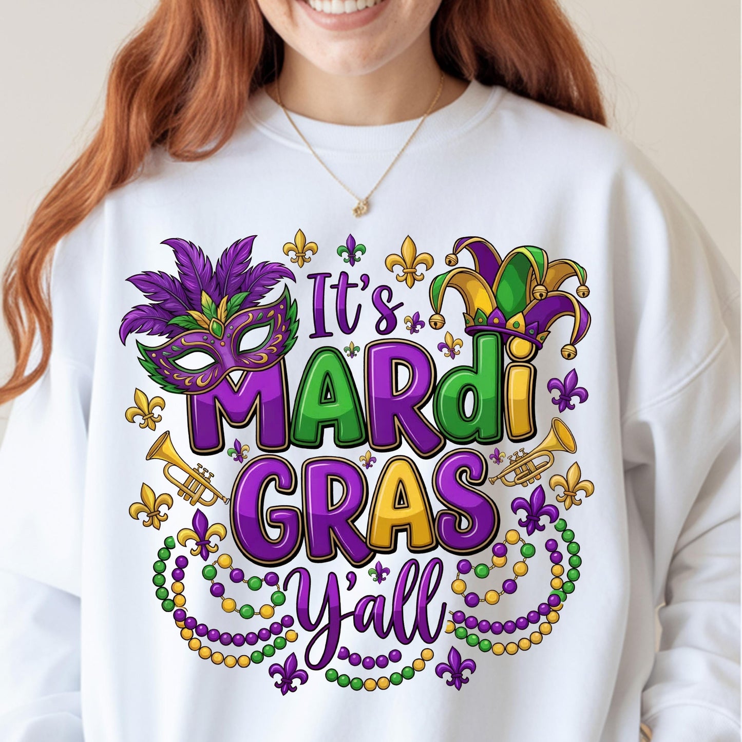 It's Mardi Gras Y'all Crewneck Sweatshirt, Gildan 18000 Unisex Fleece, Purple Green Gold Mask, New Orleans Parade Outfit, Gift for Women Men