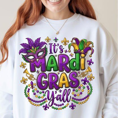It's Mardi Gras Y'all Crewneck Sweatshirt, Gildan 18000 Unisex Fleece, Purple Green Gold Mask, New Orleans Parade Outfit, Gift for Women Men
