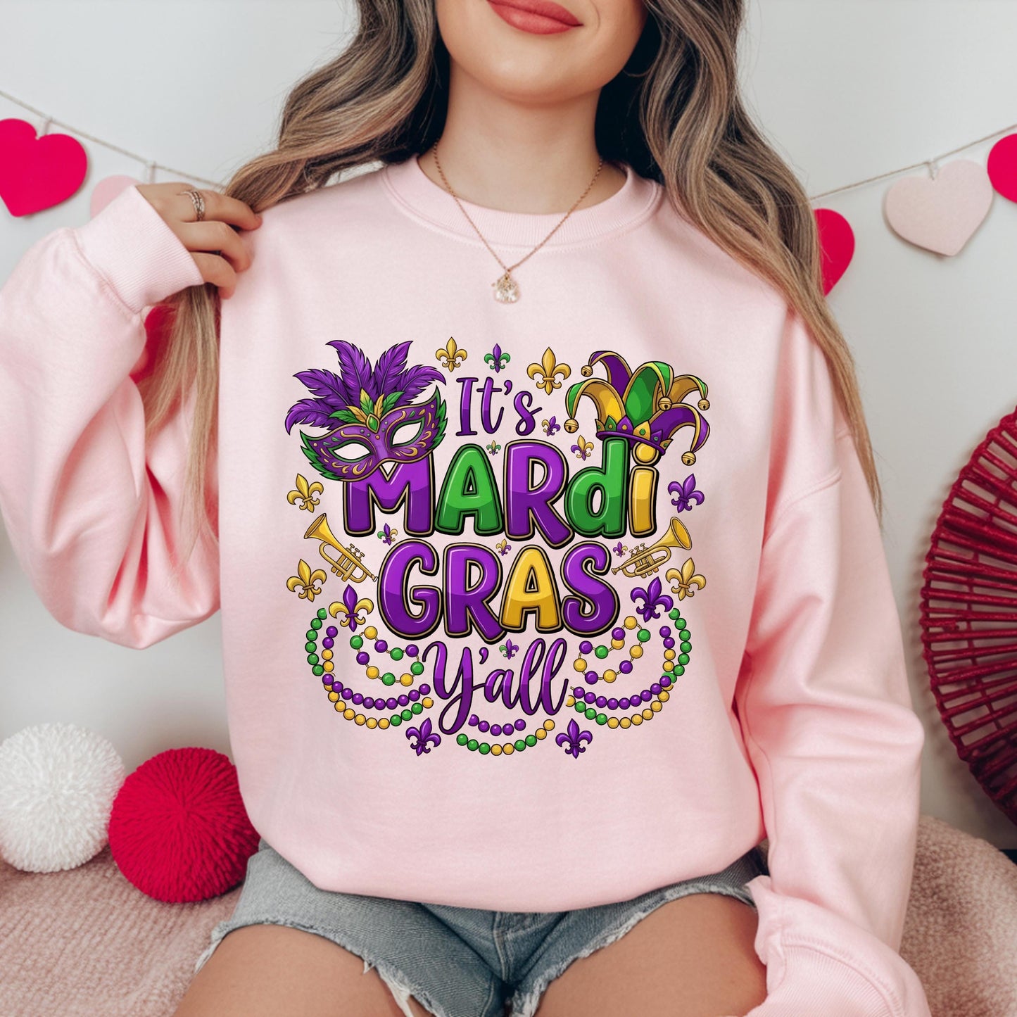 It's Mardi Gras Y'all Crewneck Sweatshirt, Gildan 18000 Unisex Fleece, Purple Green Gold Mask, New Orleans Parade Outfit, Gift for Women Men