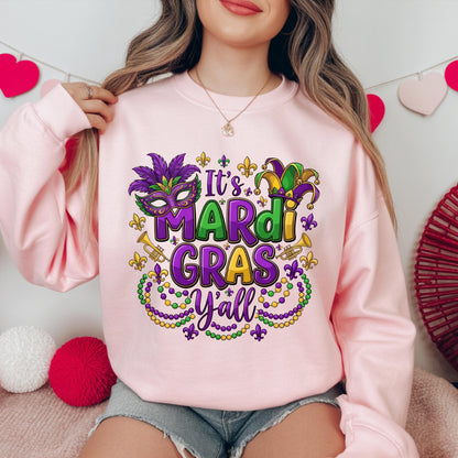 It's Mardi Gras Y'all Crewneck Sweatshirt, Gildan 18000 Unisex Fleece, Purple Green Gold Mask, New Orleans Parade Outfit, Gift for Women Men