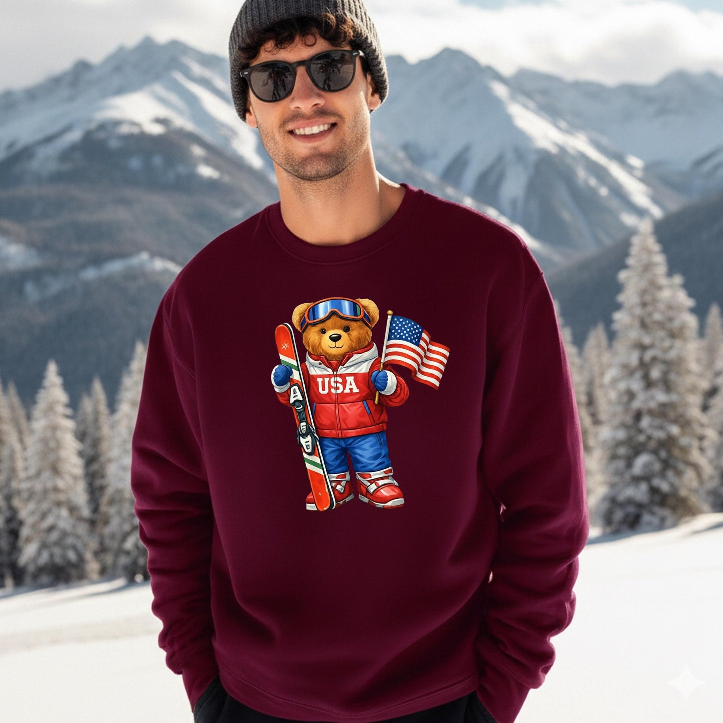 USA or Italy Skiing Teddy Bear 2026 Crewneck Sweatshirt, 18000 Heavy Blend Fleece, Unisex Cozy Winter Gift, Aesthetic Apres Ski Outfit