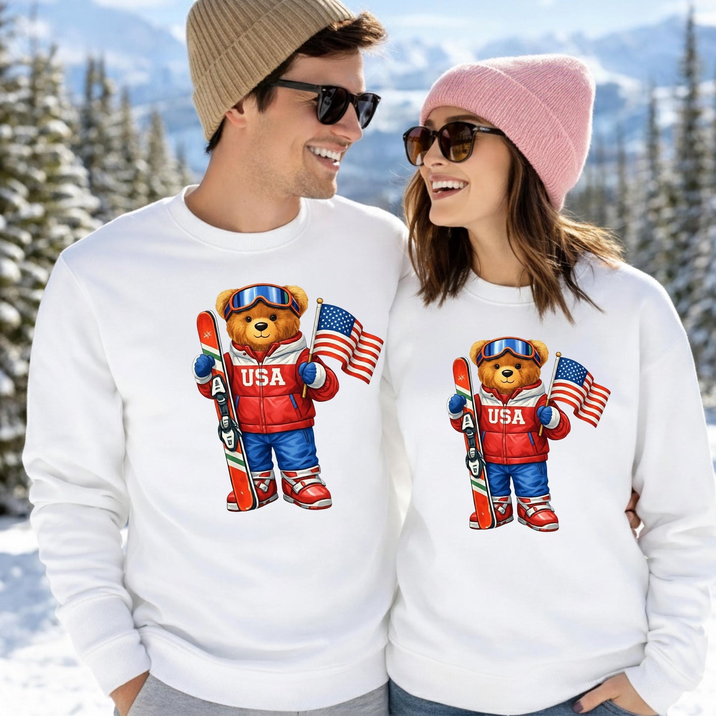 USA or Italy Skiing Teddy Bear 2026 Crewneck Sweatshirt, 18000 Heavy Blend Fleece, Unisex Cozy Winter Gift, Aesthetic Apres Ski Outfit