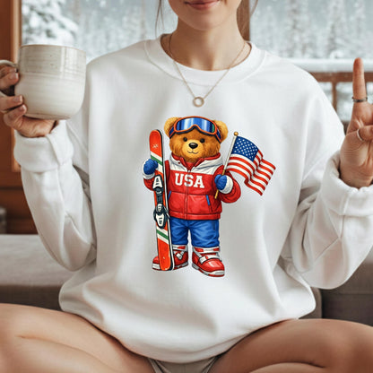 USA or Italy Skiing Teddy Bear 2026 Crewneck Sweatshirt, 18000 Heavy Blend Fleece, Unisex Cozy Winter Gift, Aesthetic Apres Ski Outfit