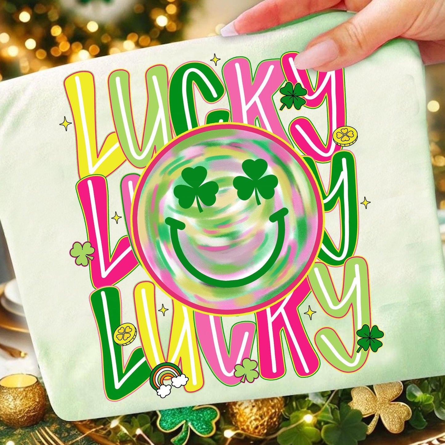 St Patricks Day Lucky Shamrock Smiley Brushstroke, Gildan 5000 Classic Tee, Unisex Cotton, Trendy Green Outfit Gift for Men Women, Spring