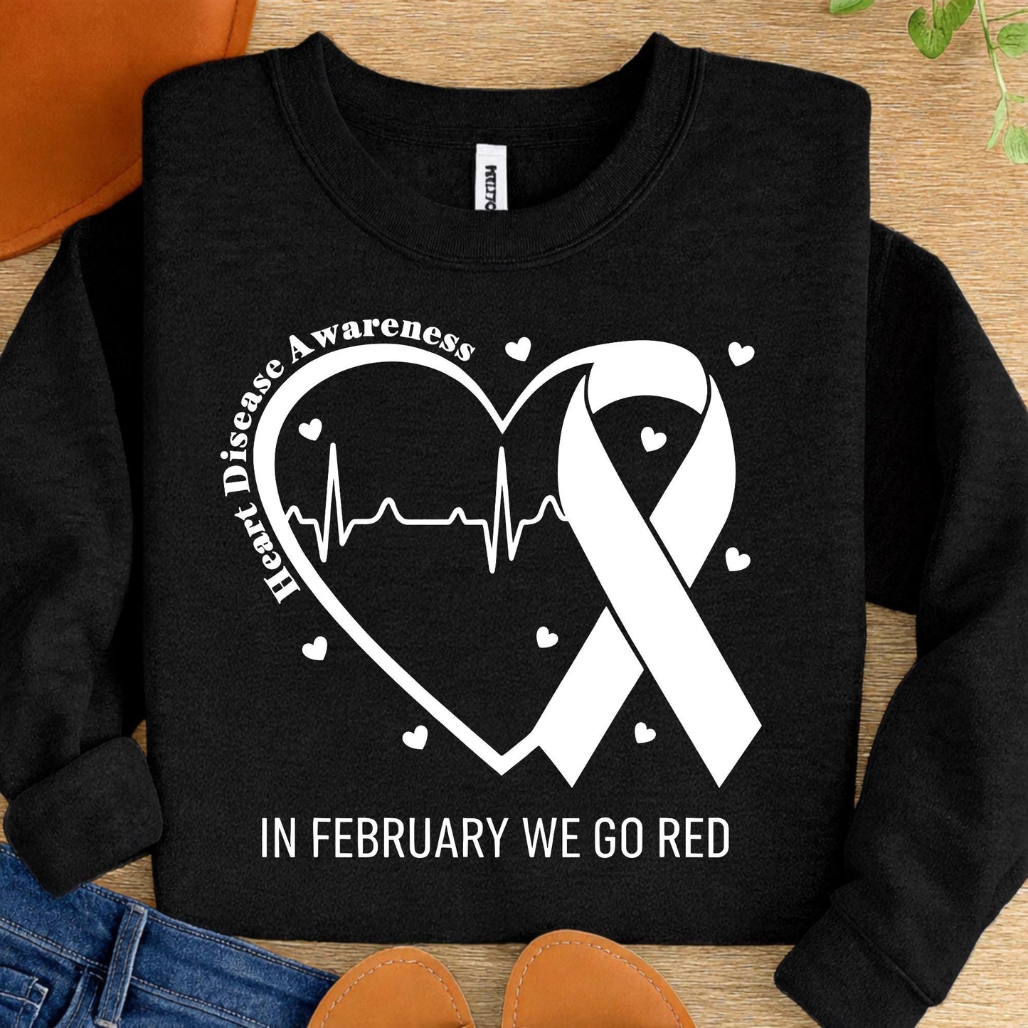 Go Red February Heart Disease Awareness Gildan 18000 Crewneck Sweatshirt, Red Ribbon Sublimation, Unisex Fleece Pullover, Winter Gift Outfit