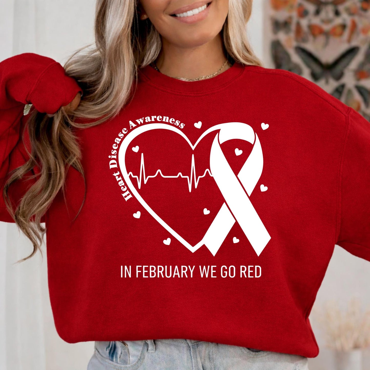 Go Red February Heart Disease Awareness Gildan 18000 Crewneck Sweatshirt, Red Ribbon Sublimation, Unisex Fleece Pullover, Winter Gift Outfit