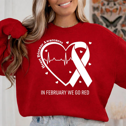 Go Red February Heart Disease Awareness Gildan 18000 Crewneck Sweatshirt, Red Ribbon Sublimation, Unisex Fleece Pullover, Winter Gift Outfit